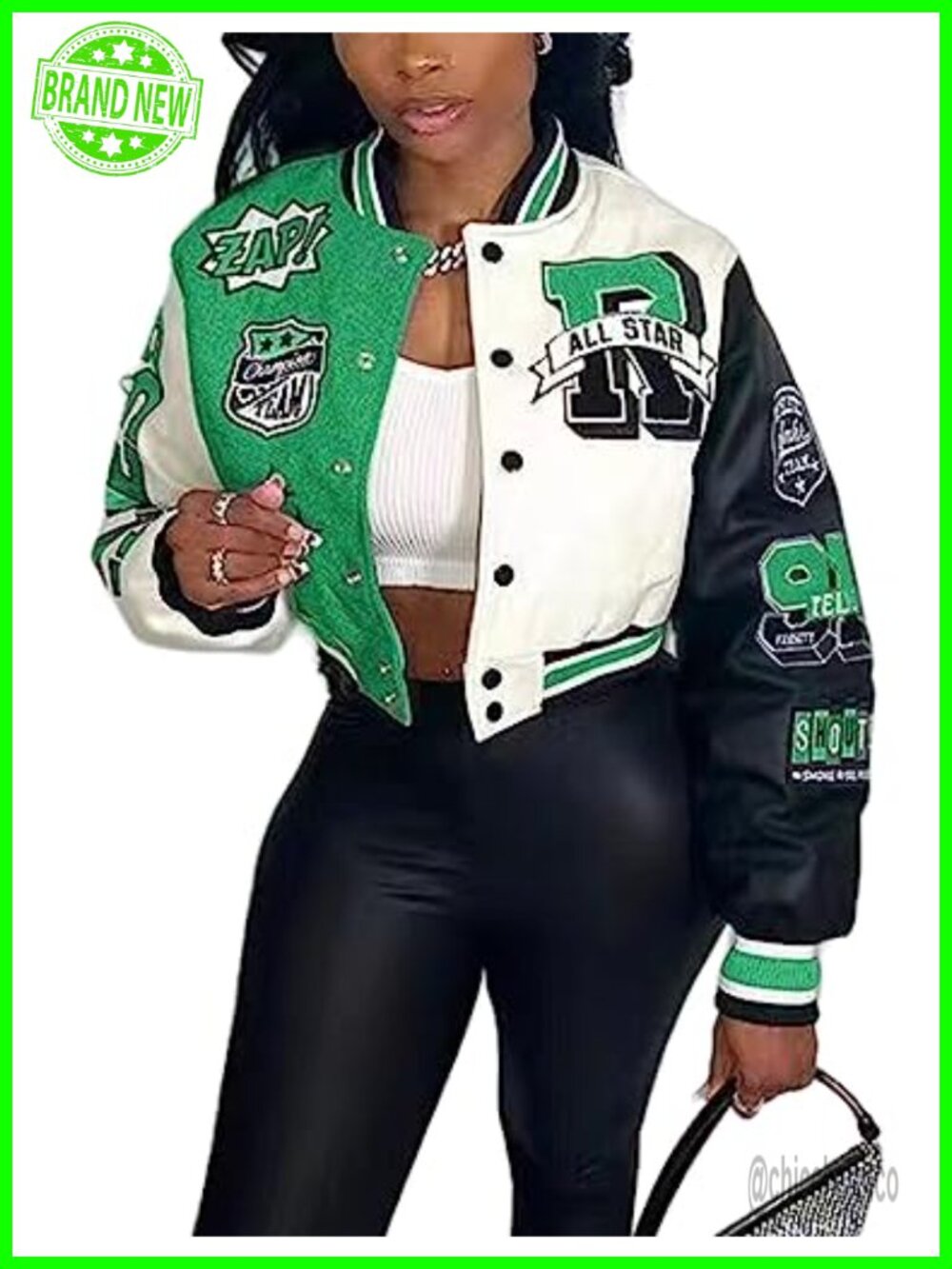 Women's Cropped Varsity Jacket Colorblock Letter Print Button Down Letterman